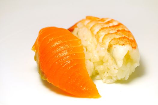 close up traditional fresh japanese sushi on white background