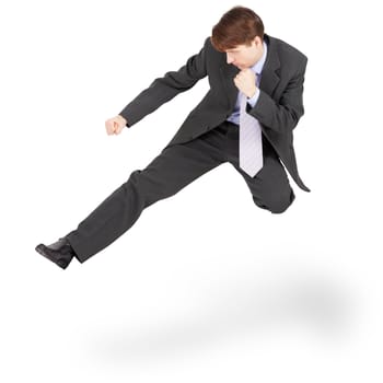 Fighting businessman kicked in the jump, isolated on a white background