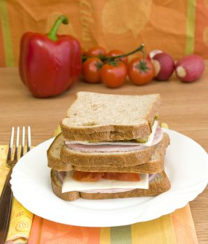 diet bread, ham, cheese and vegetables