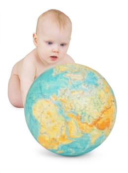A baby playing with a globe of earth, isolated on a white background