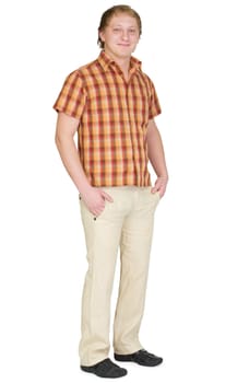Portrait of the guy in a checkered shirt on white background