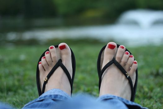 Beautiful red toe-nails, pedicure, woman feet