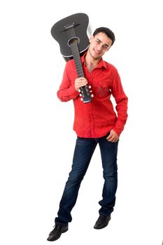 Guitarist. The man in a red shirt with a black guitar on a white background.