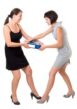 Pull in different directions. Two aggressive women on a white background.