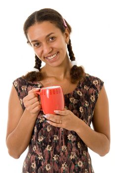smiling woman with red mug on a white background
