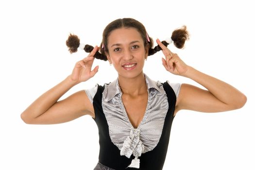 young woman with pigtails, isolated on white.