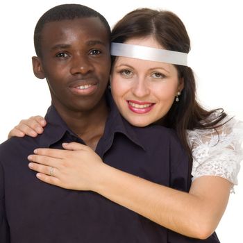 Black man and white woman. Loving couple on a white background