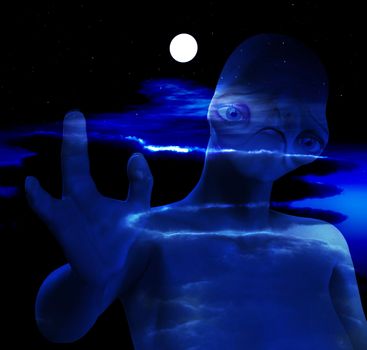 An alien against a cloudy moonlit nightime sky.