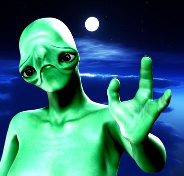 An alien against a cloudy moonlit nightime sky.