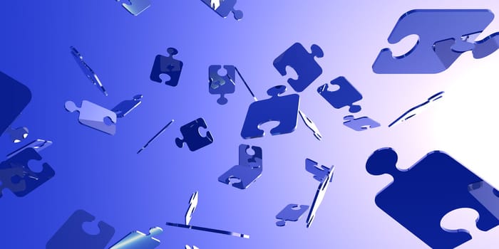 An illustration of floating blue puzzle pieces rendered in fish eye mode to give the image a dynamic, moving effect.  The dimensions are very large.