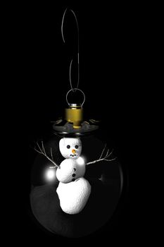 A snowman suspended in a glass Christmas tree ornament and isolated on a black background.