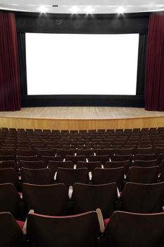 empty movie screen, red open curtain, wooden stage, wooden seats