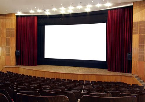 cinema; wooden walls and chairs, red velvet curtain, white empty screen,