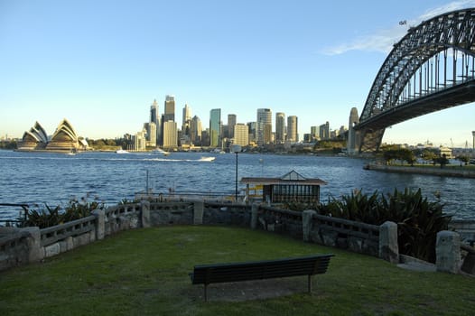 famous sydney landmarks; harbour bridge, opera house and sydney tower, photo taken from Kirribilli