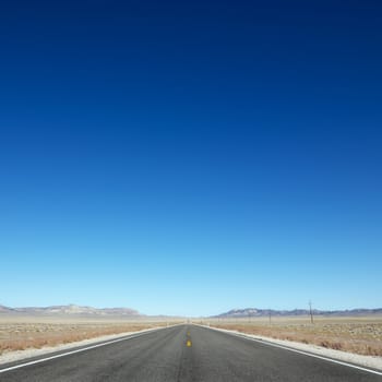 Strip of highway stretching towards horizon under clear blue sky.