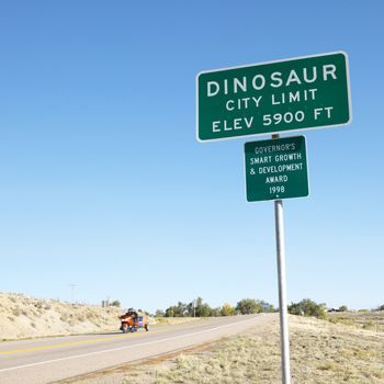 City limit sign for city of Dinosaur, Colorado, USA.