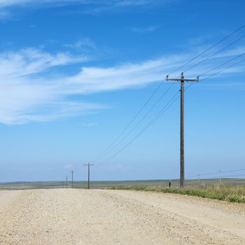 Power lines alongside dirt road in rural South Dakota.