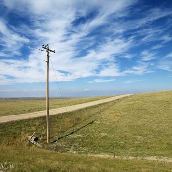 Power lines alongside dirt road in rural South Dakota.