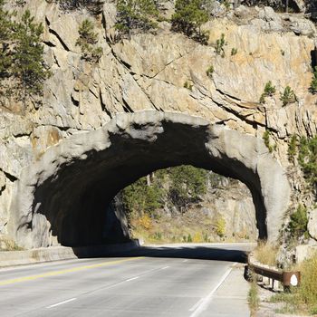 Tunnel going through rocks in South Dakota.
