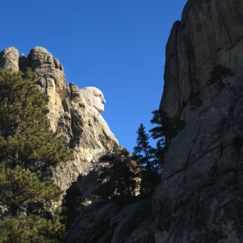 Profile view of George Washington carving in Mount Rushmore National Memorial.