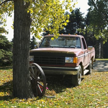 Old pick-up truck parked beside old wagon wheel leaning on tree in yard.