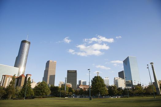 Skyline behind Centennial Olympic Park in downtown Atlanta, Georgia.