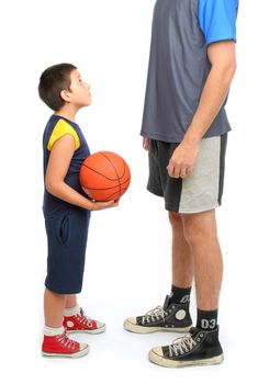 little boy asking big man to play basketball . From my sport series.