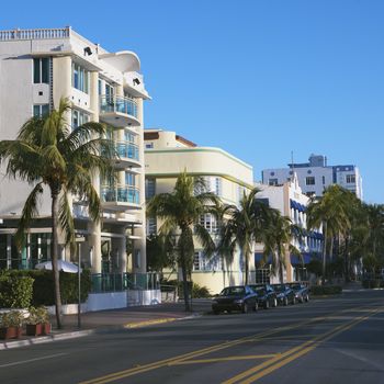 Buildings and street in art deco district of Miami, Florida, USA.