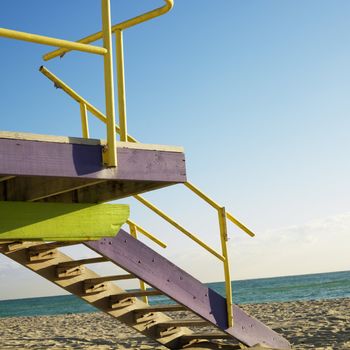 Art deco lifeguard tower on deserted beach in Miami, Florida, USA.