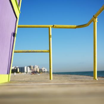 Art deco lifeguard tower deck on beach in Miami, Florida, USA.