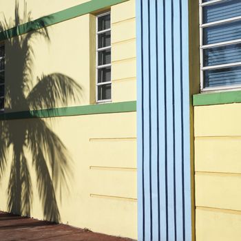 Palm tree shadow and detail of building in art deco district of Miami, Florida, USA.