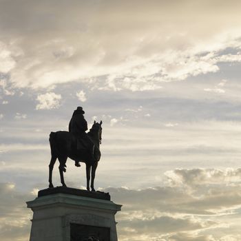 Equestrian statue silhouette in Washington, DC, USA.