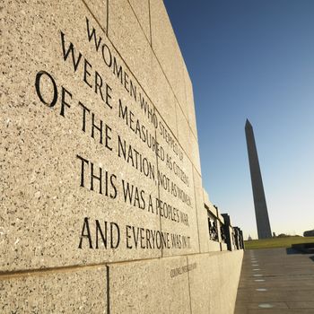 World War II Memorial with Washington Monument in background, Washington, DC, USA.