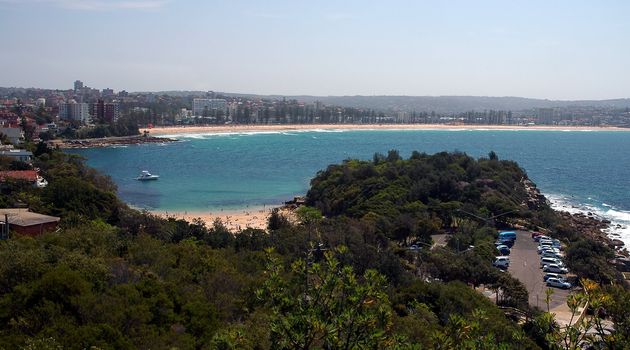 panorama of famous Manly beach in Sydney, hot weather,