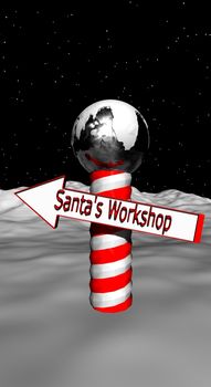 A North Pole marker with a arrow directing you to Santa’s Workshop