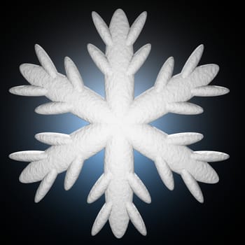 A detail of a snowflake with a frosty appearance isolated on black with a blue halo.