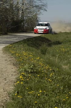 red and white car speeding on gravel road, green grass and dandelions in foreground