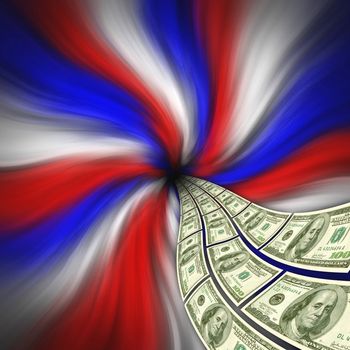 Streams of $100 bills flowing out of a red white and blue vortex