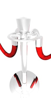 An illustration of a stanchion post on a black background with two red ropes.