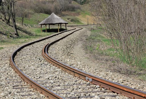 Rural railways and stations in the spring landscape.