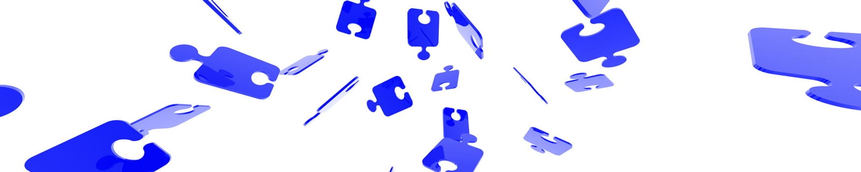 An illustration of floating blue puzzle pieces rendered in fish eye mode to give the image a dynamic, moving effect. The dimensions are very large.