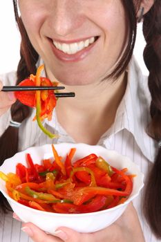 Beautiful woman eating with chopsticks, chinese food