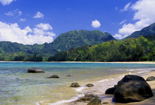 Beautiful Hanalei Bay is located on the scenic north shore of Kauai, Hawaii.