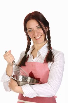 beautiful housewife preparing with egg beater on white  background