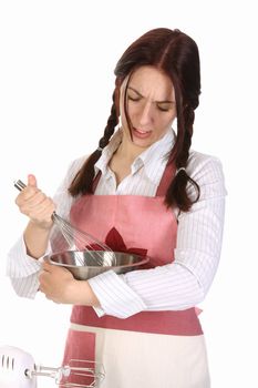 tired housewife preparing with egg beater on white  background