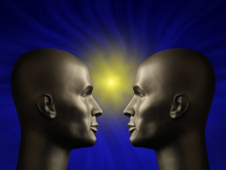 Two android heads facing one another in a blue vortex