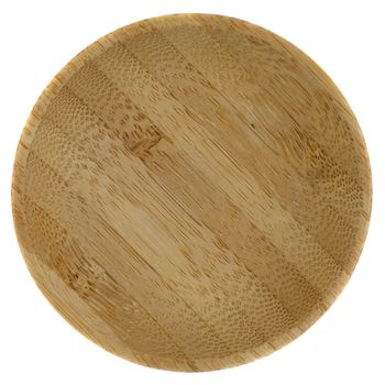 small round wooden bowl glued from pieces of exotic wood, isolated on white