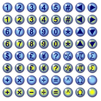 Blue graphic interface buttons with number currency and mathematical operation symbols for web use. Part of a set.