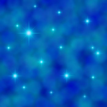 Illustration of stars twinkling in a cloudy blue sky