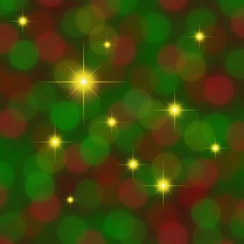 Red and green blurred background with golden stars twinkling through